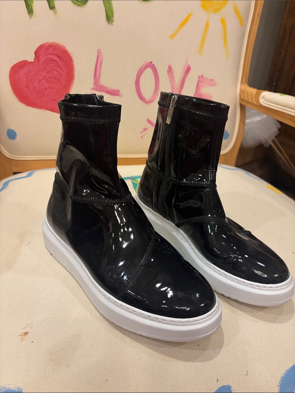Aquatalia Black Patent High-Top Womens Sneakers with White Sole